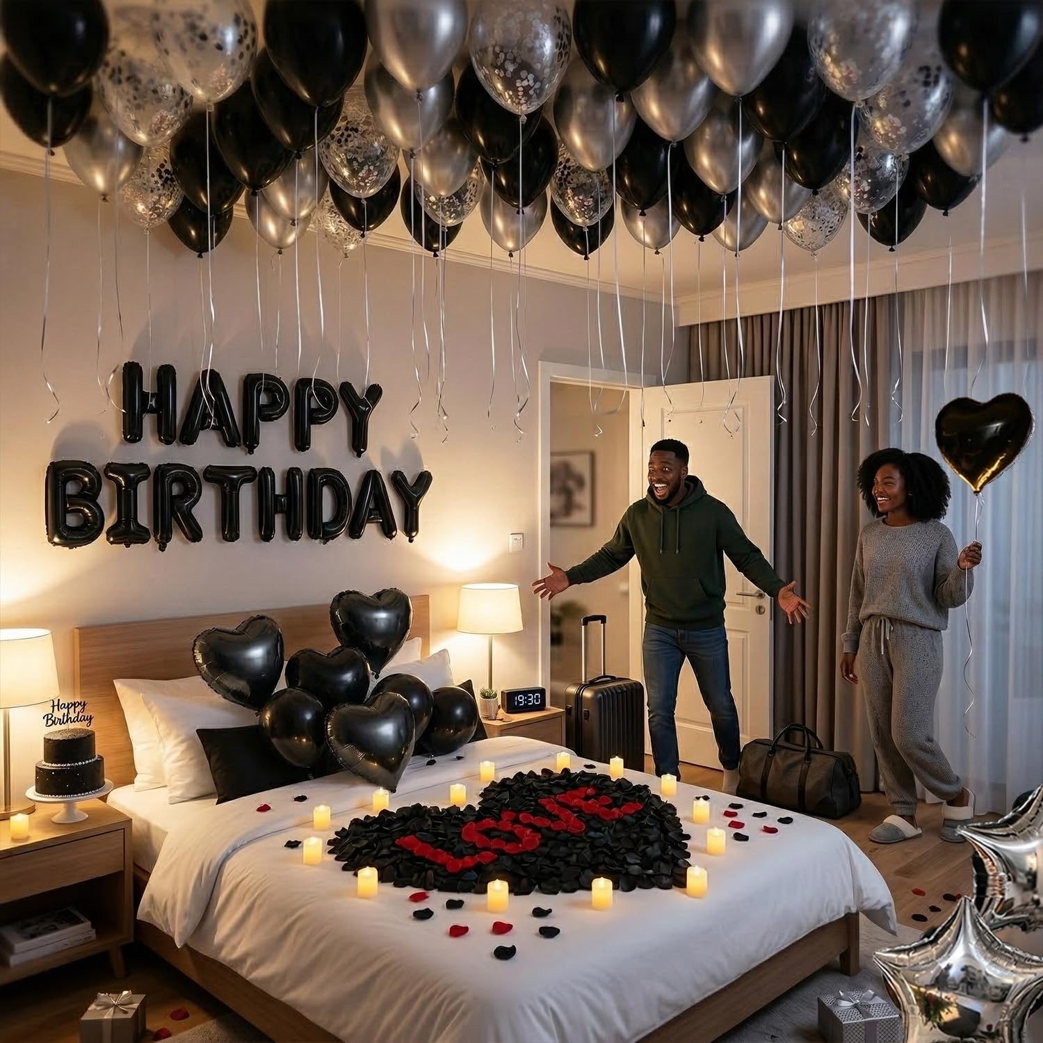 Carnira silver star foil balloons enhance the modern masculine theme.