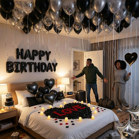 Carnira silver star foil balloons enhance the modern masculine theme.