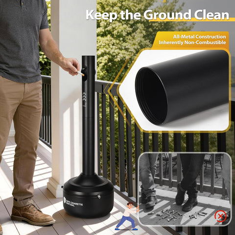CAROD ash-collection trash can minimizes litter and ash spread outdoors.