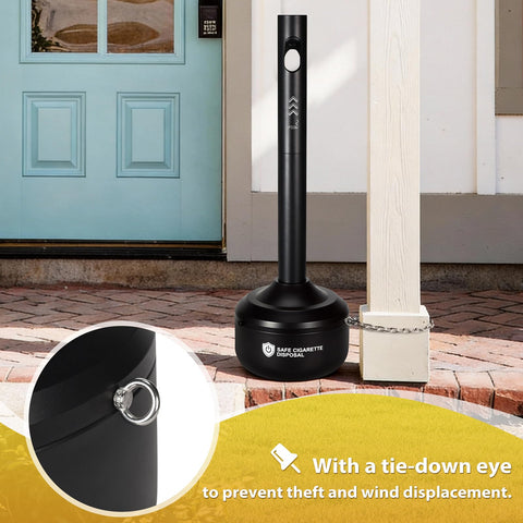 CAROD steel receptacle features tie-down eye for stable outdoor placement.