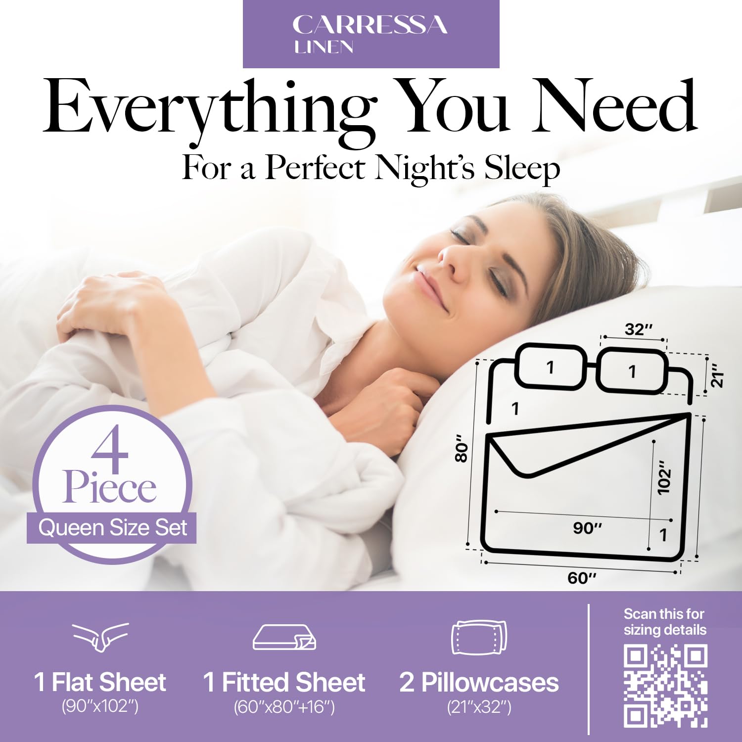 Carressa Linen queen sheets deep-pocket design fits up to 18 inches.