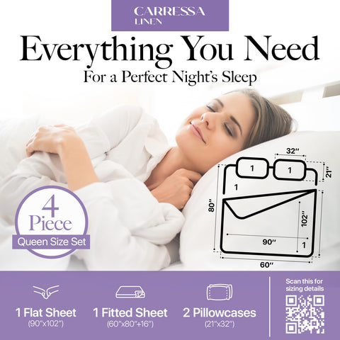 Carressa Linen queen sheets deep-pocket design fits up to 18 inches.