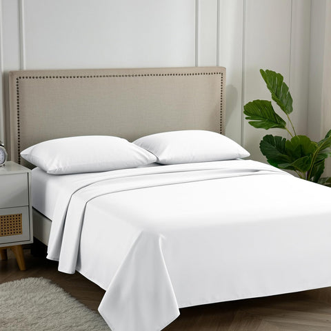 Carressa Linen queen sheet set in crisp white fabric with deep pockets for secure fit.