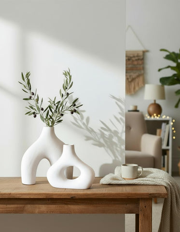 Carrot's Den donut vase pair features a warm matte white finish.