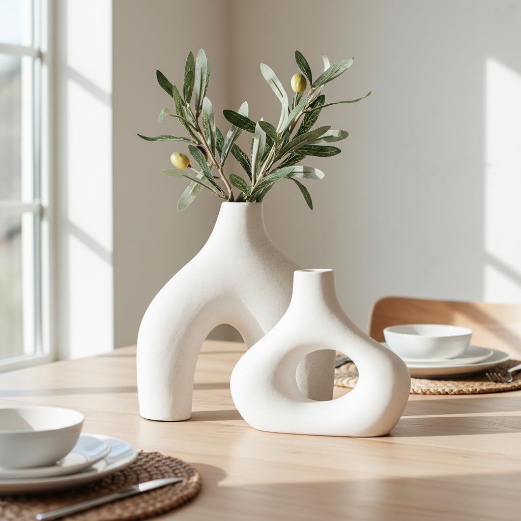 Carrot's Den donut vases styled on a console shelf.