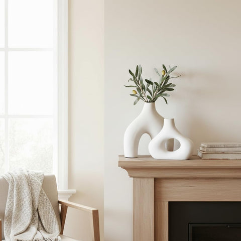 Carrot's Den donut vase set 2 table centerpiece with matte white finish.