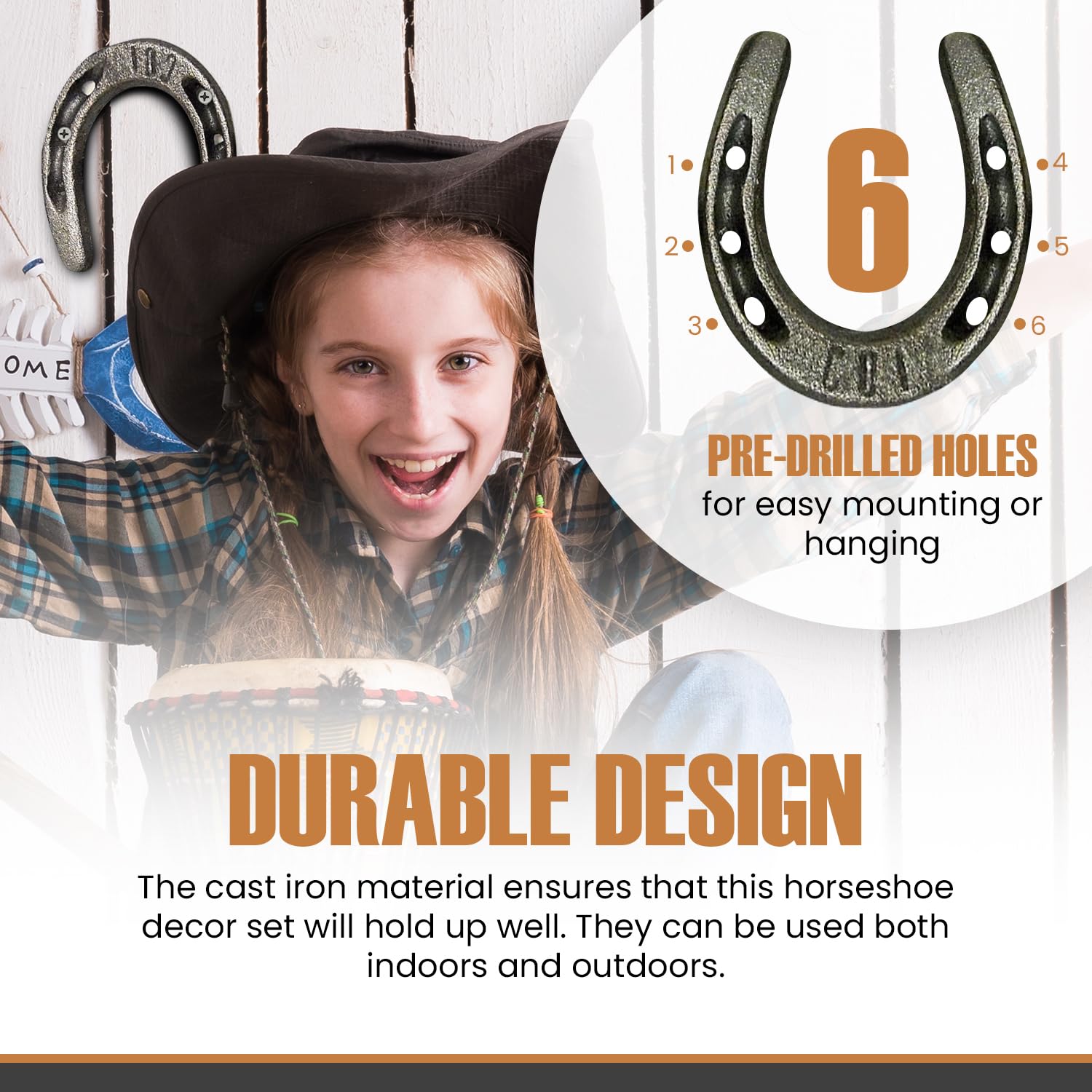 Carvers Olde Iron mini horseshoe with predrilled holes for easy wall mounting.