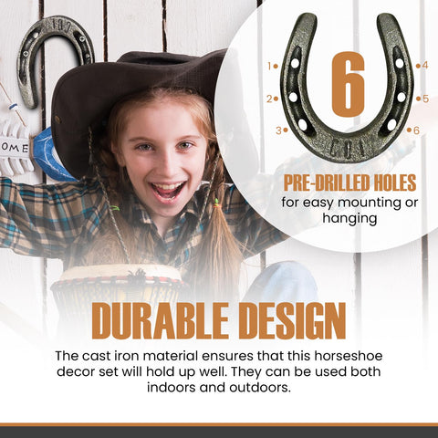 Carvers Olde Iron mini horseshoe with predrilled holes for easy wall mounting.
