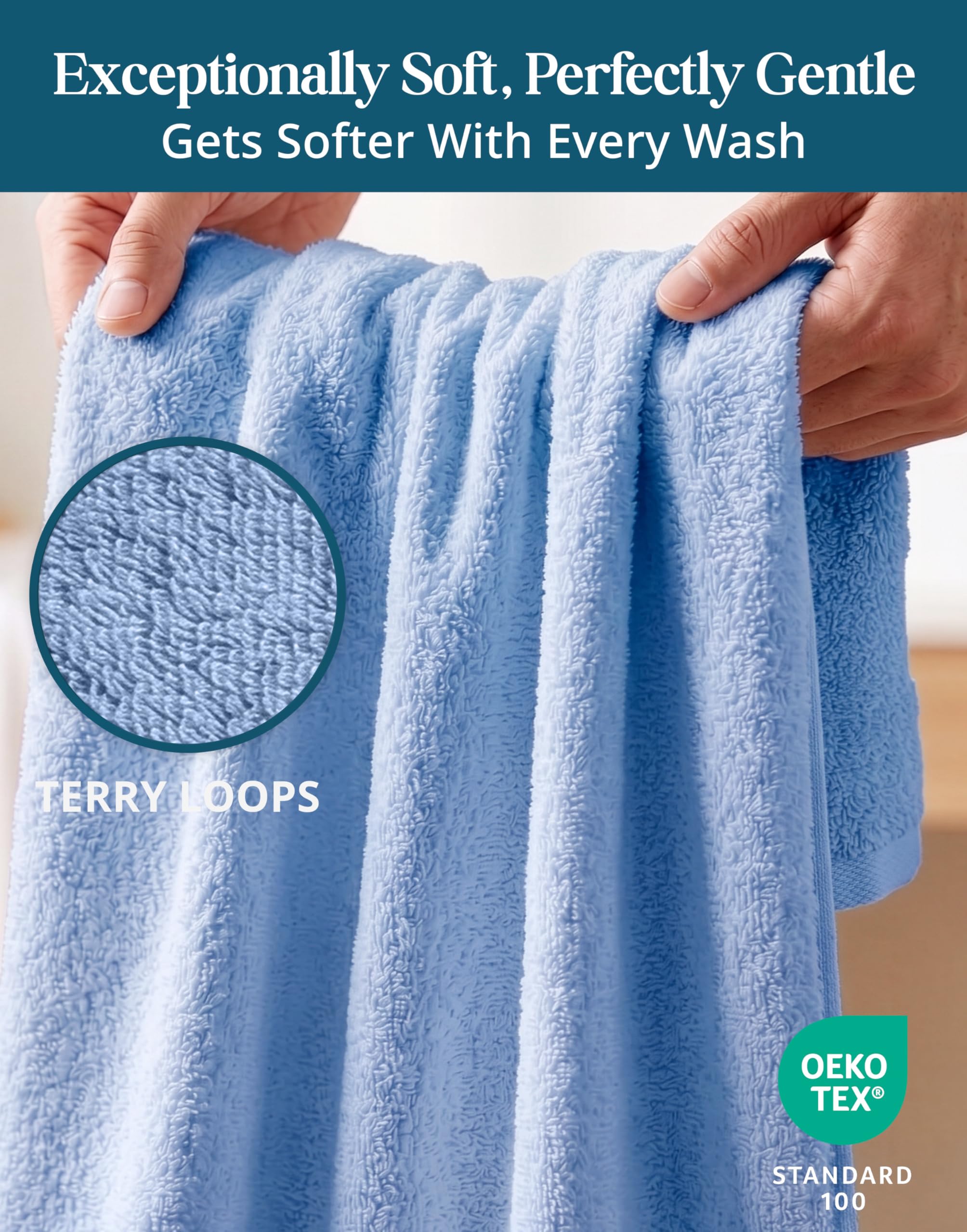 Casa Platino 6-pack towels show generous size and hotel-soft feel.