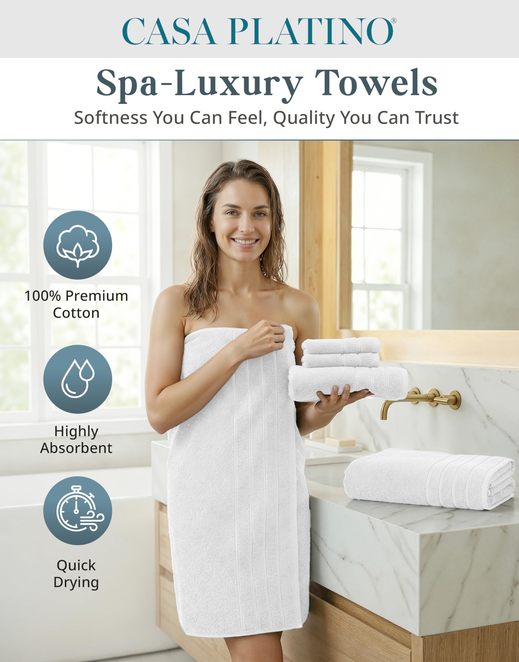 Casa Platino bath towels 30x60 inches for full-body coverage and absorbency.