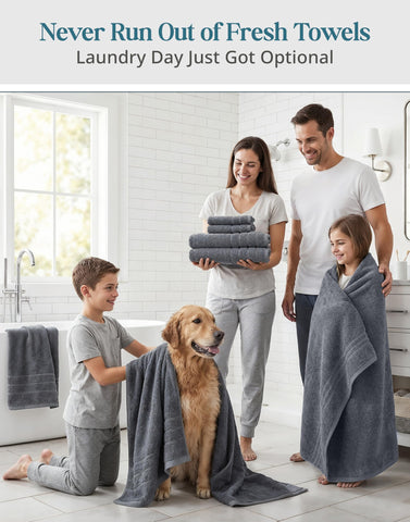 Six bath towels laid out in a neutral setup to highlight absorbency and durability