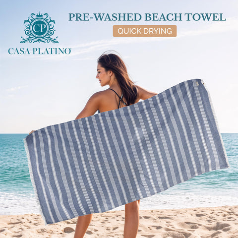 Casa Platino Coastal Carnival beach towel drape, oversized comfort for lounging by the sea.