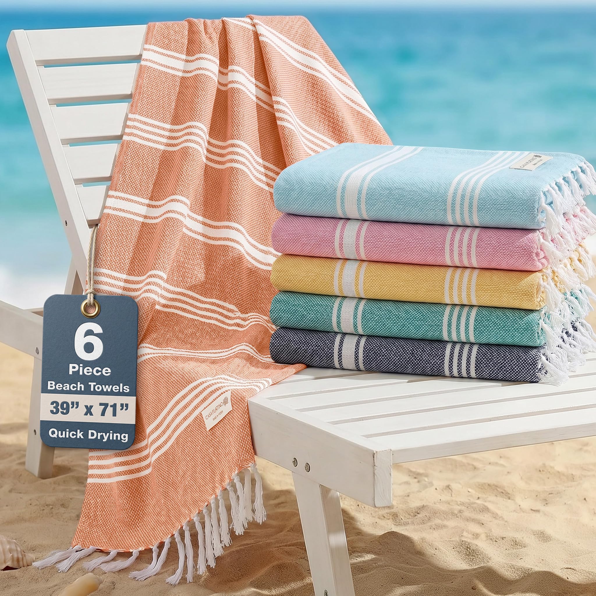 Casa Platino Coastal Carnival beach towel folded, compact for travel and easy packing.