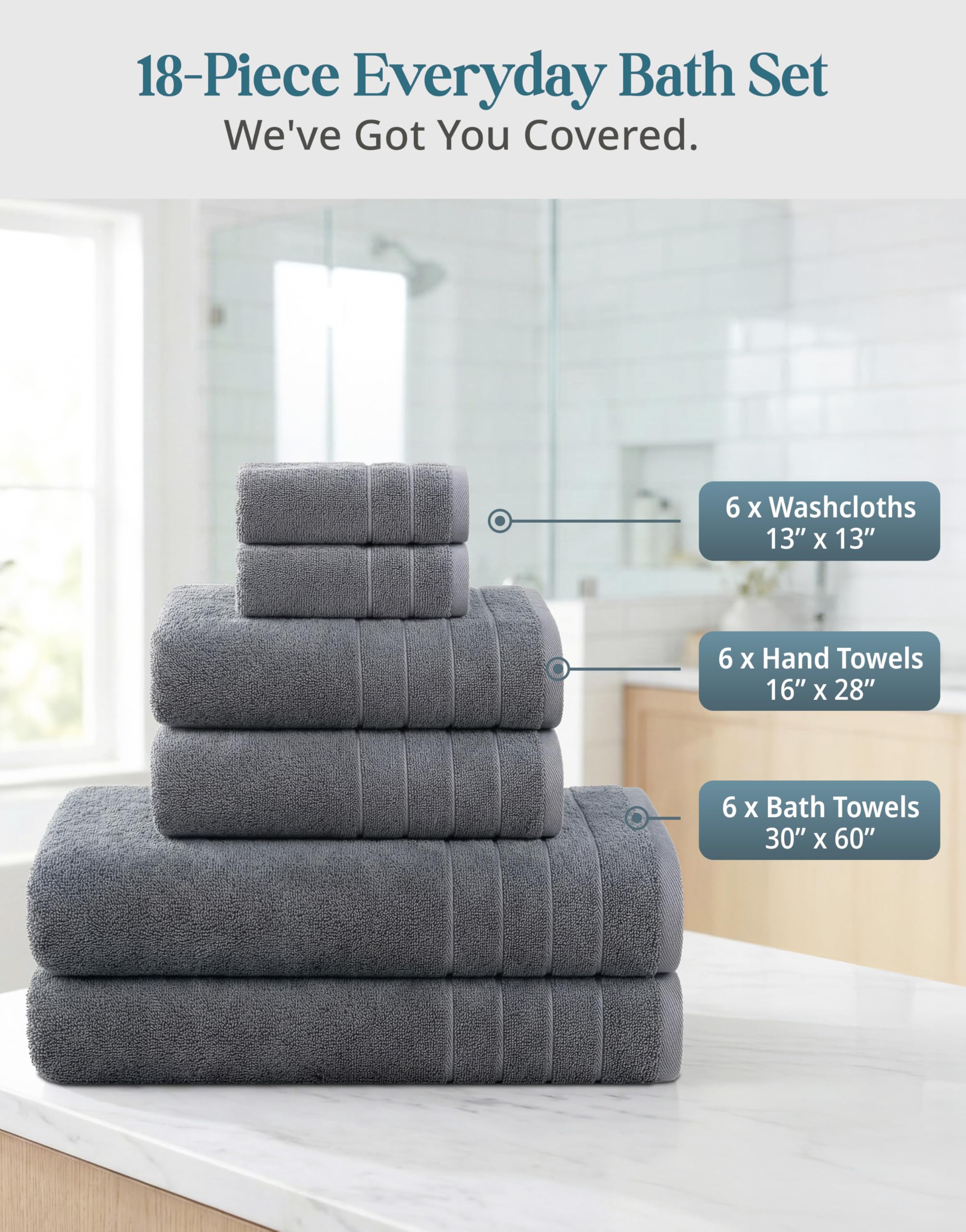 Cool grey bath towels hanging, emphasizing elegant color and cozy everyday comfort