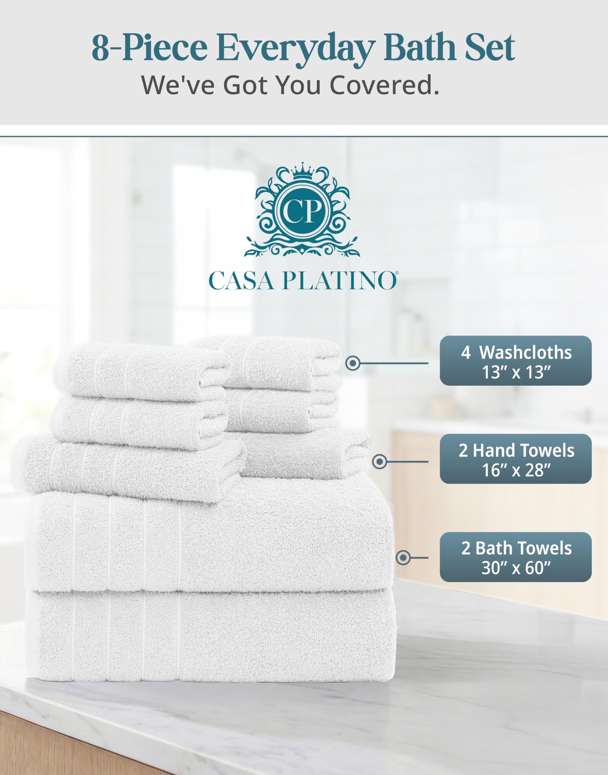 Casa Platino flatlay of the 8-piece towel set in elegant white.