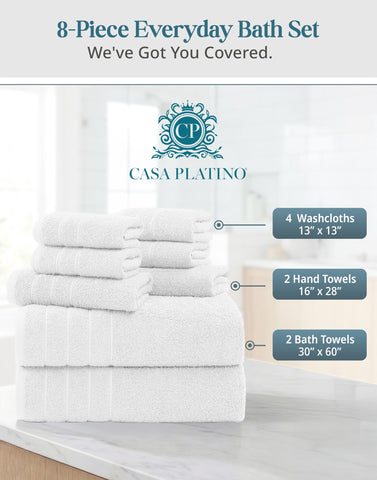 Casa Platino flatlay of the 8-piece towel set in elegant white.