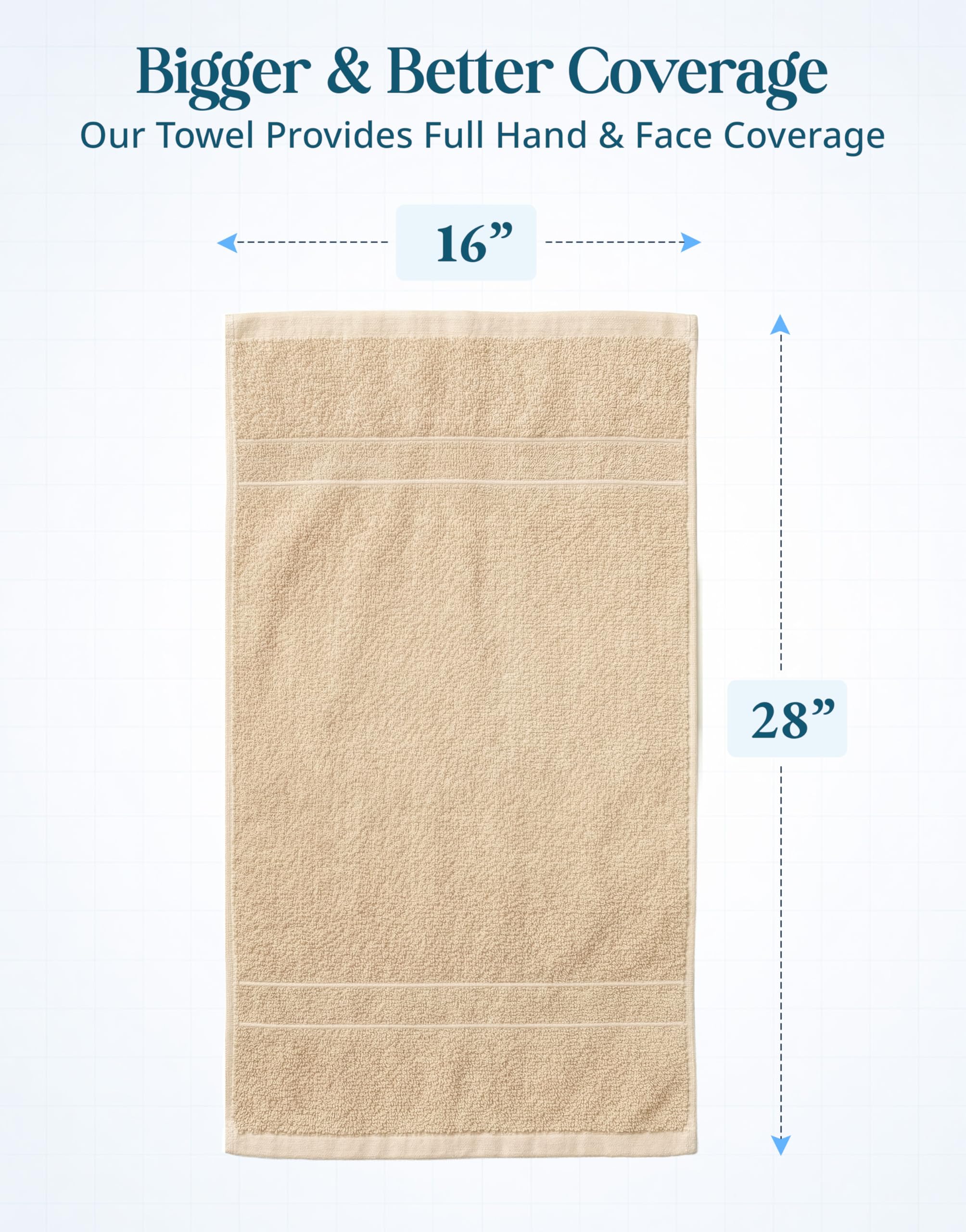 Casa Platino hand towels 16x28 inches offer generous coverage for drying.