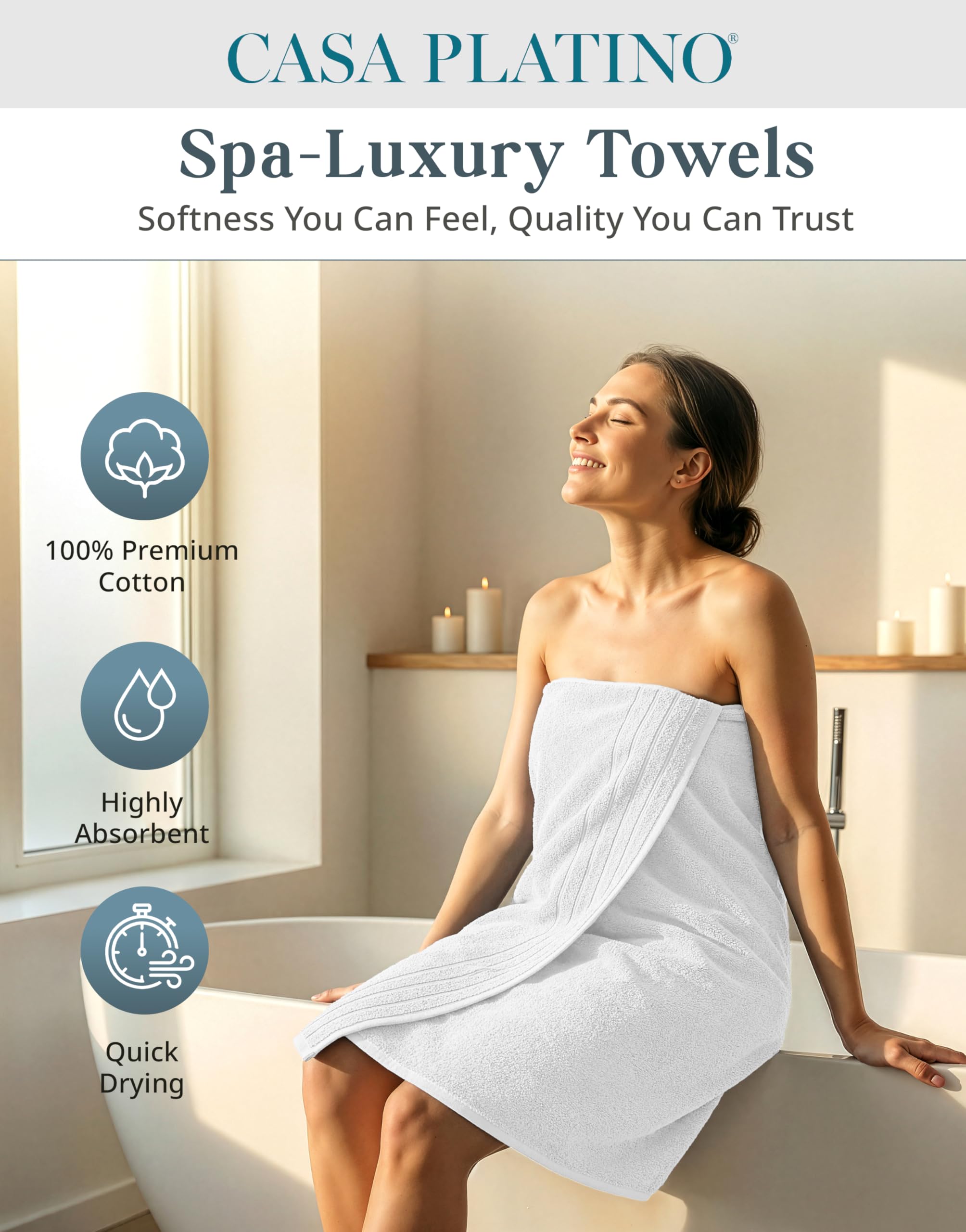Casa Platino hand towels 16x28 in white for quick-dry bathroom accents.