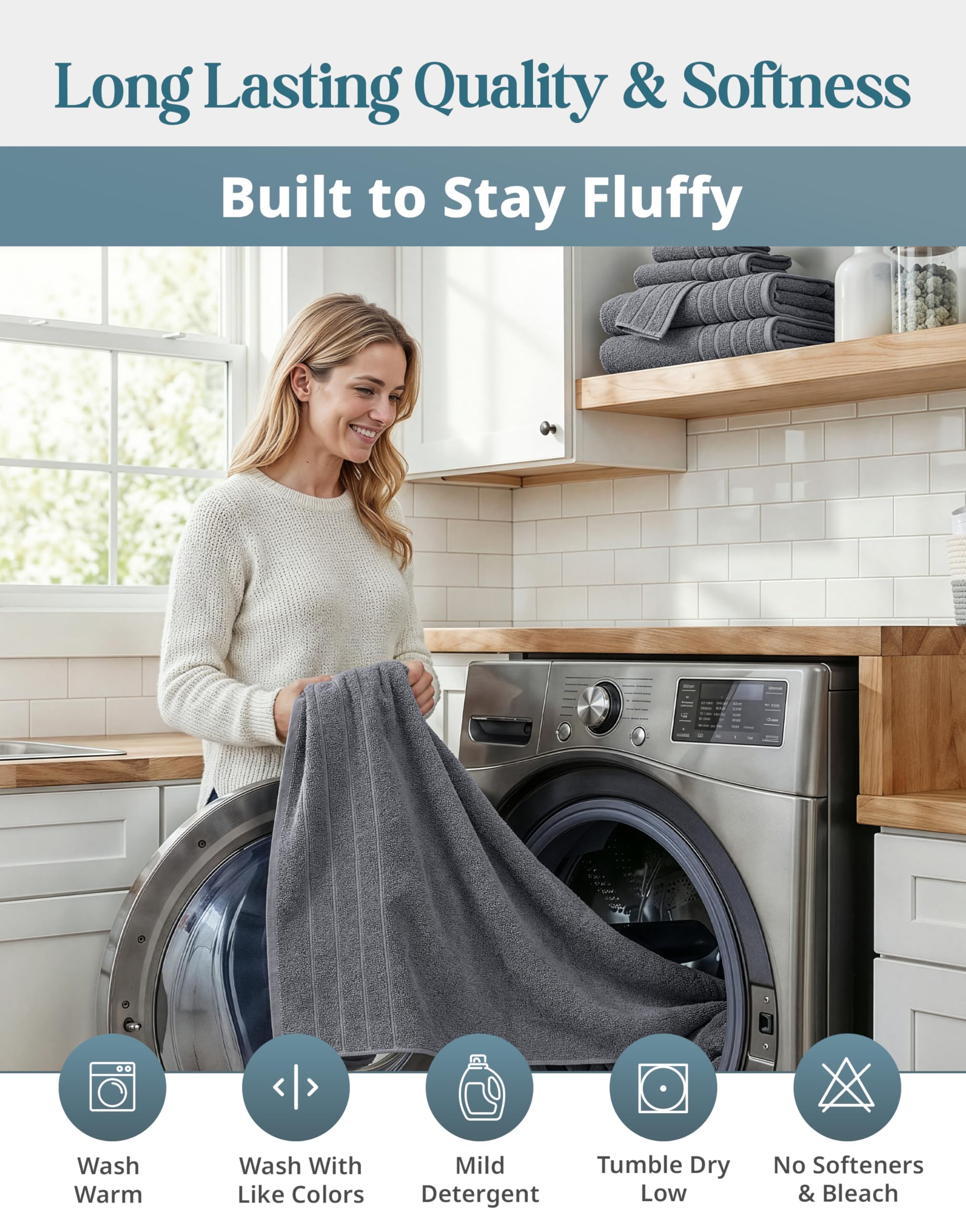 Towels shown with machine-wash care setup for longevity