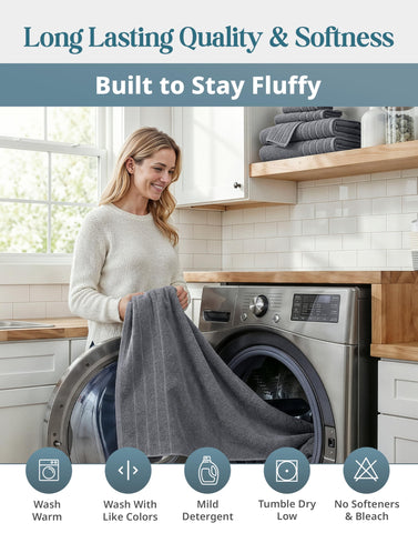 Towels shown with machine-wash care setup for longevity