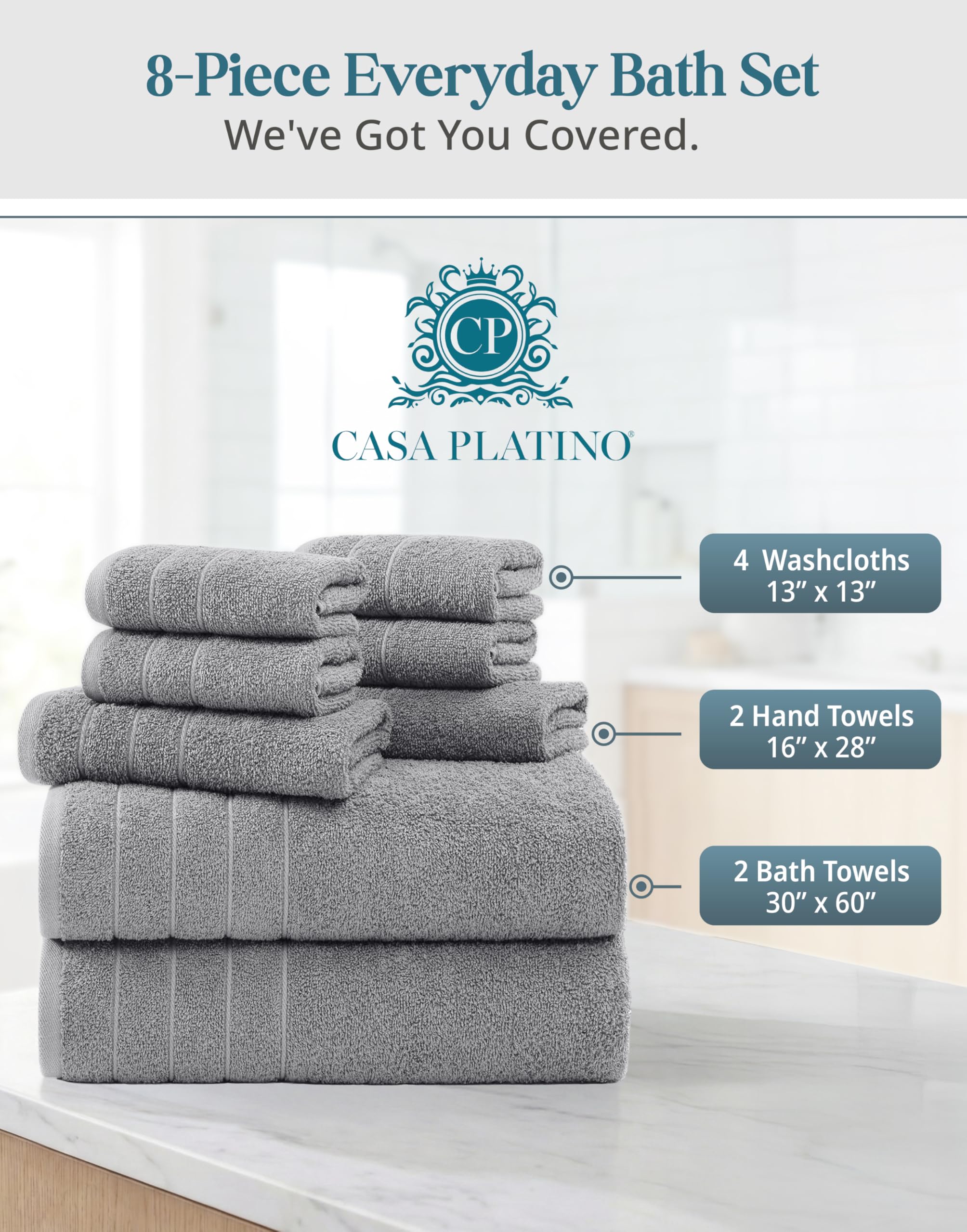 Casa Platino premium cotton bath towels: grey color adds modern elegance to any bathroom