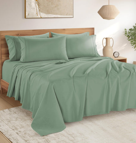 Casa Platino queen sheets on bed in sage green for hotel like comfort