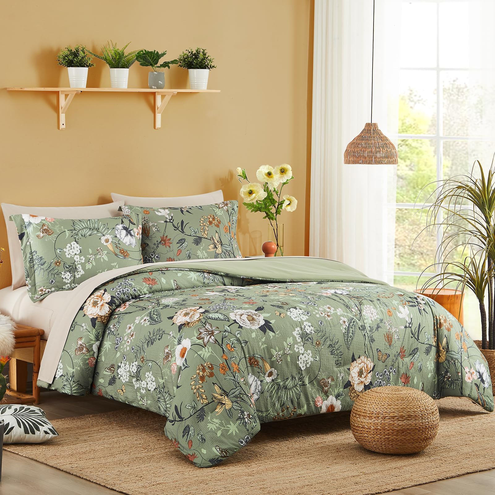 CASAAGUSTO botanical butterfly pattern adds vibrant farmhouse charm to the bed.