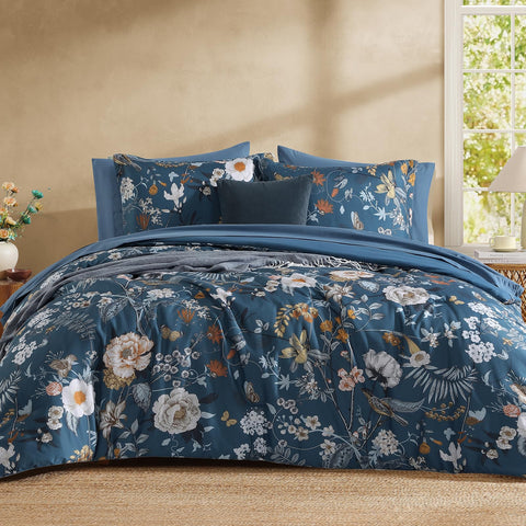 CASAAGUSTO queen comforter blue floral butterfly pattern for all-season warmth