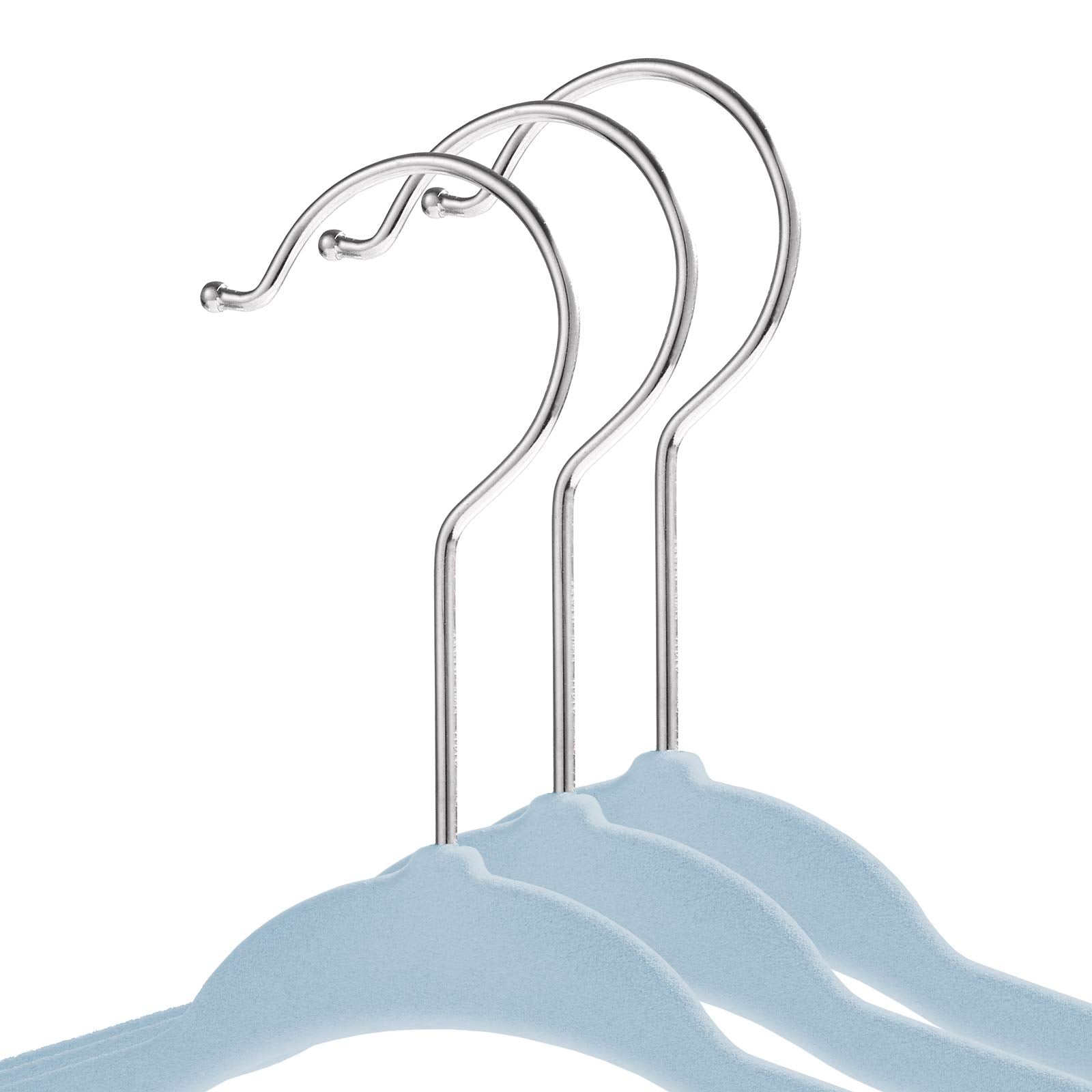 Casafield 11-inch light-blue velvet hangers with swivel chrome hook for easy access.