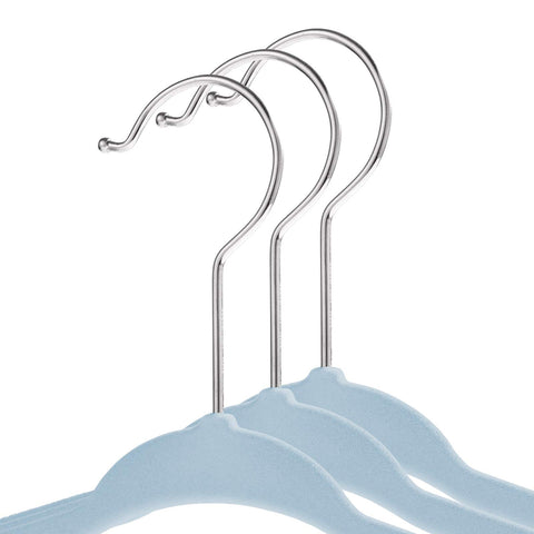 Casafield 11-inch light-blue velvet hangers with swivel chrome hook for easy access.