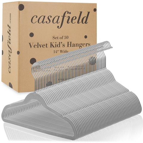 Casafield velvet kids hangers 14-inch gray side view profile.