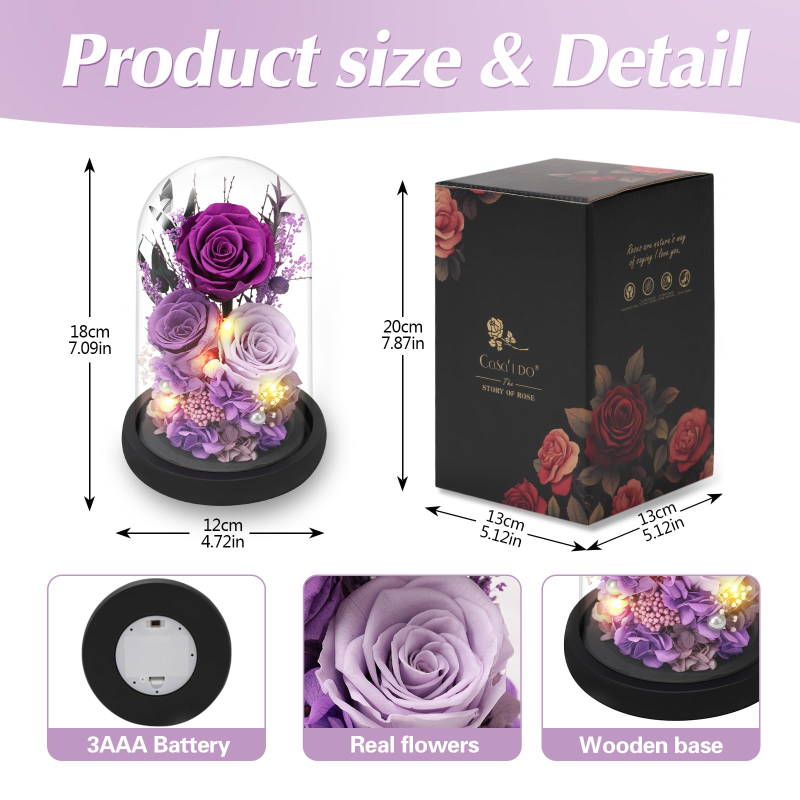 Casaido preserved rose lasts years, preserving color without water or sun.