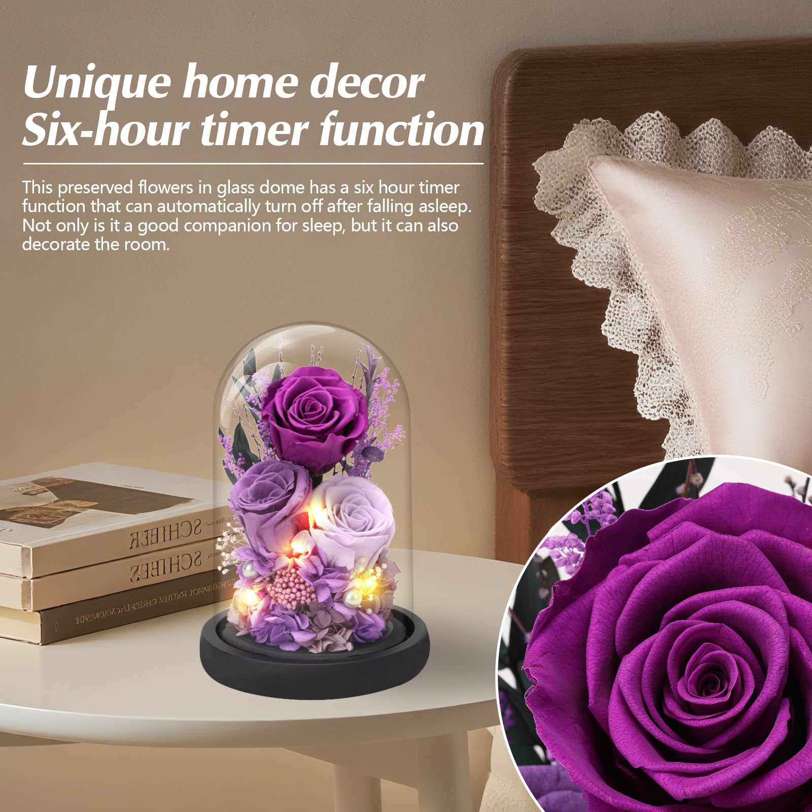 Casaido glass dome with wooden base showcases flowers from every angle.