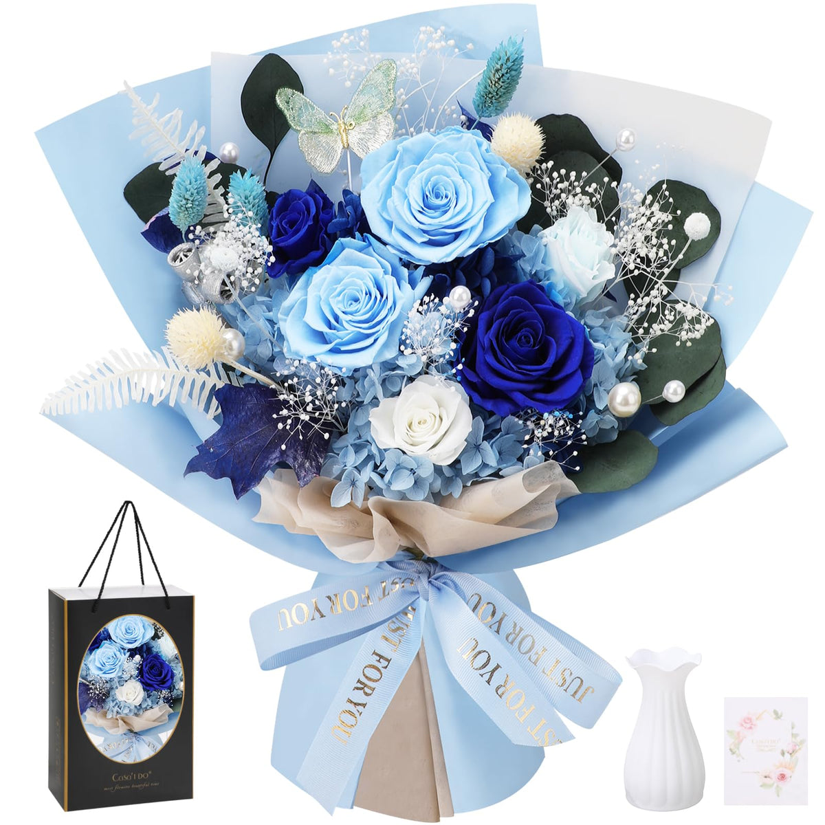 Casaido preserved blue roses bouquet with 6 blooms for long-lasting beauty