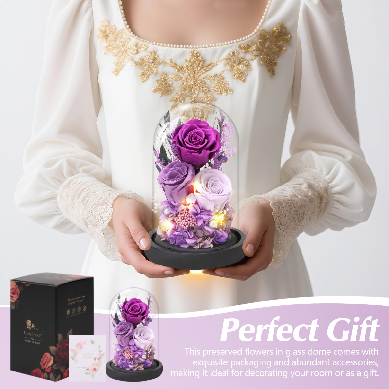 Casaido purple preserved rose dome closeup highlights vivid color and meticulous craftsmanship.