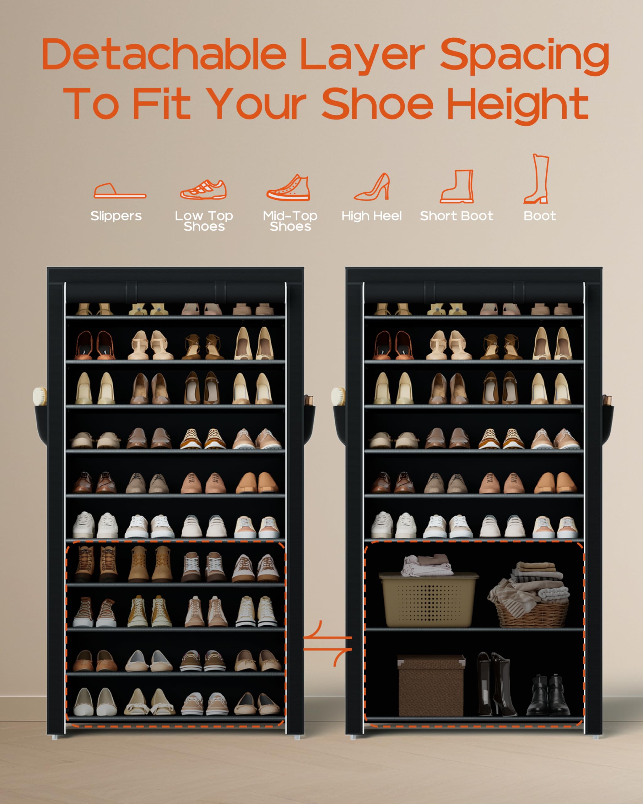 Casamaya shoe rack with covers dust cover open provides easy access.
