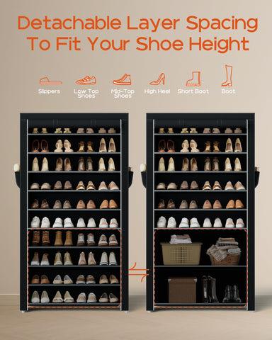 Casamaya shoe rack with covers dust cover open provides easy access.