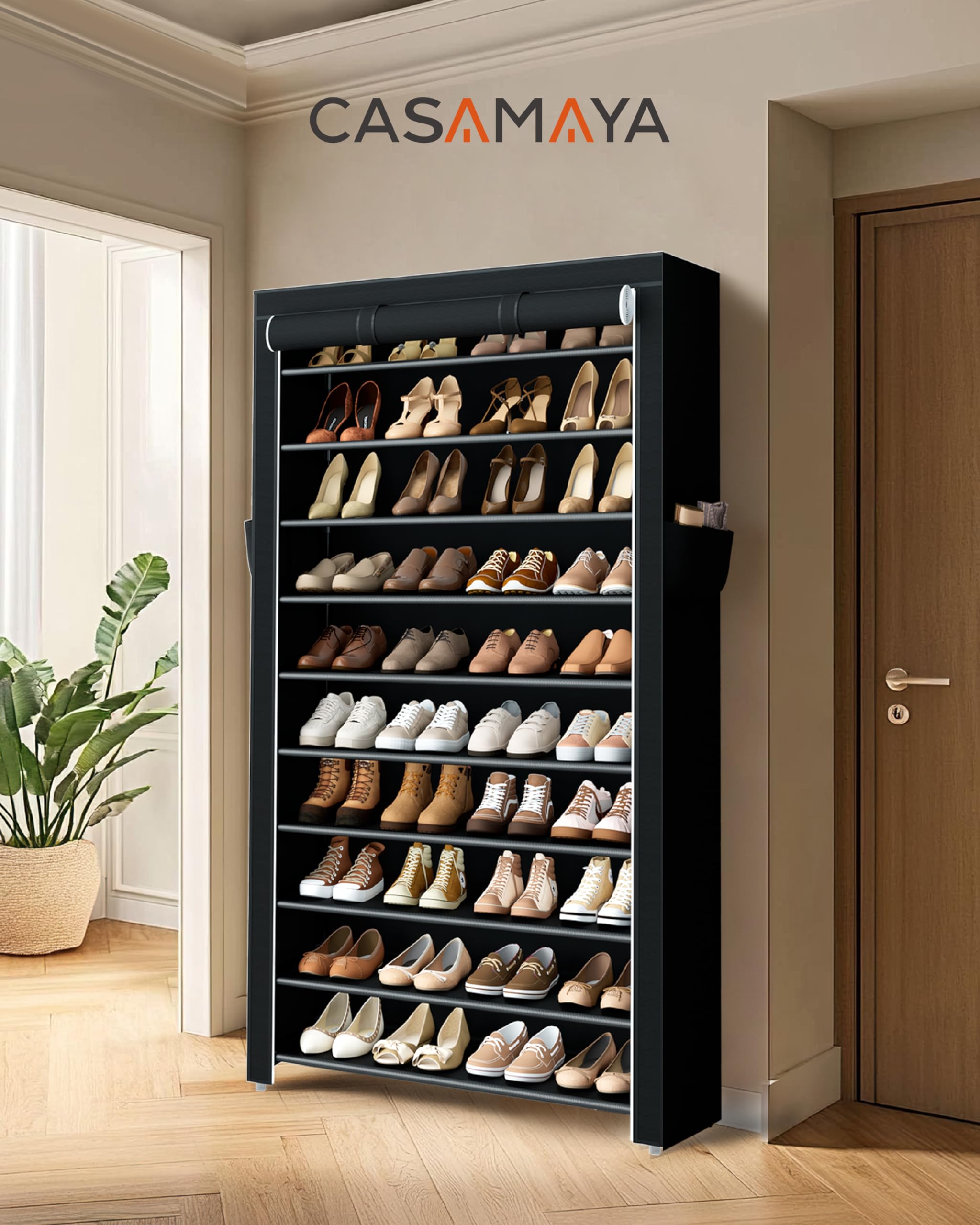 Casamaya shoe rack with covers side view highlighting vertical storage efficiency.