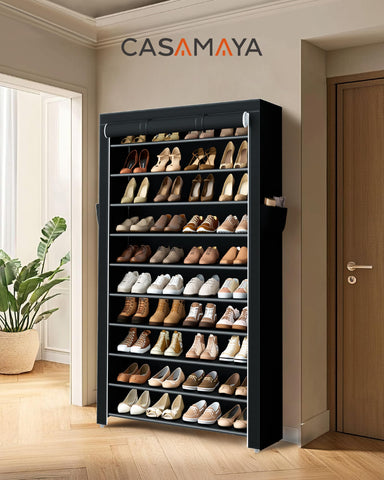 Casamaya shoe rack with covers side view highlighting vertical storage efficiency.