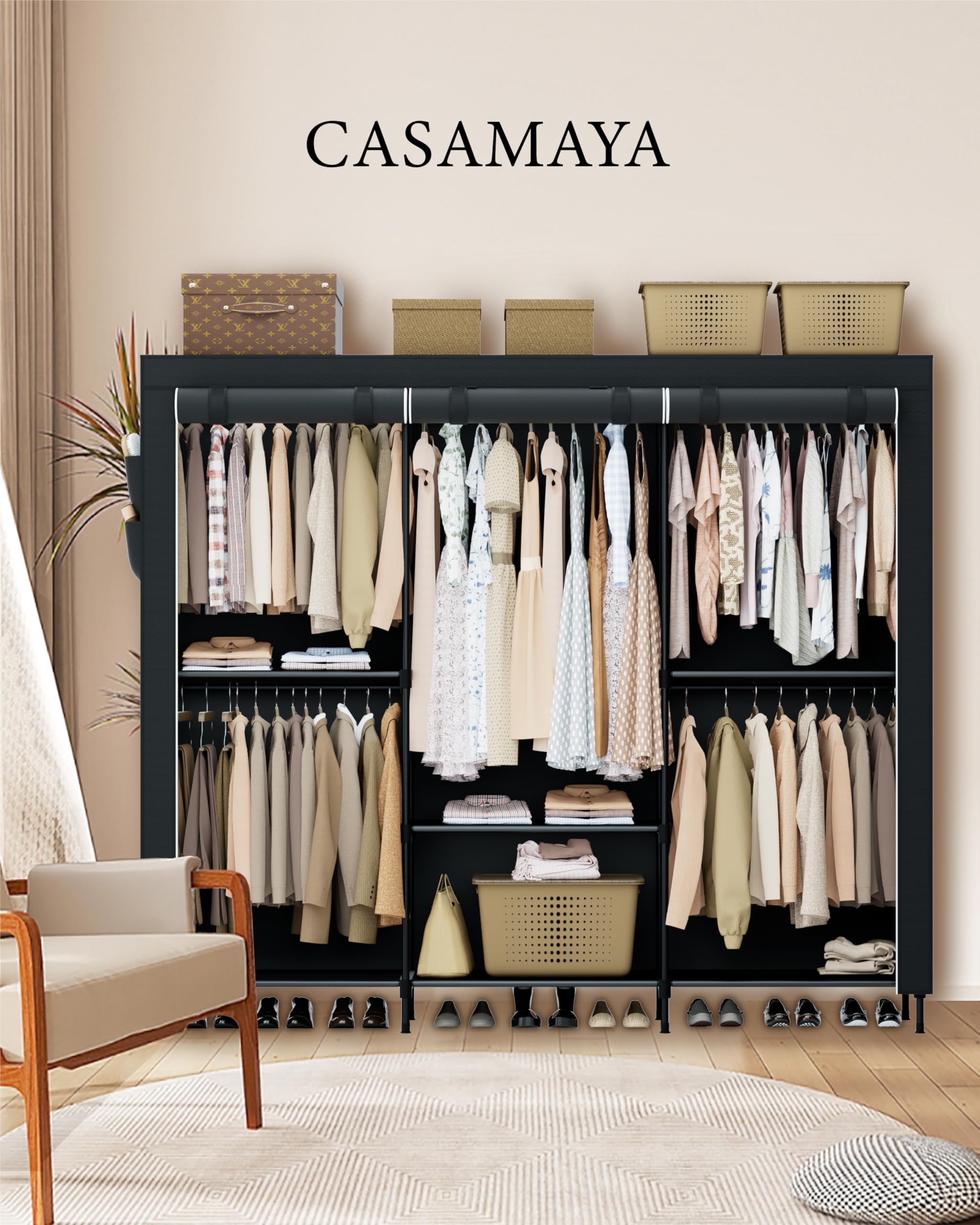 Casamaya wardrobe setup with five hanging rods for short and long garments.