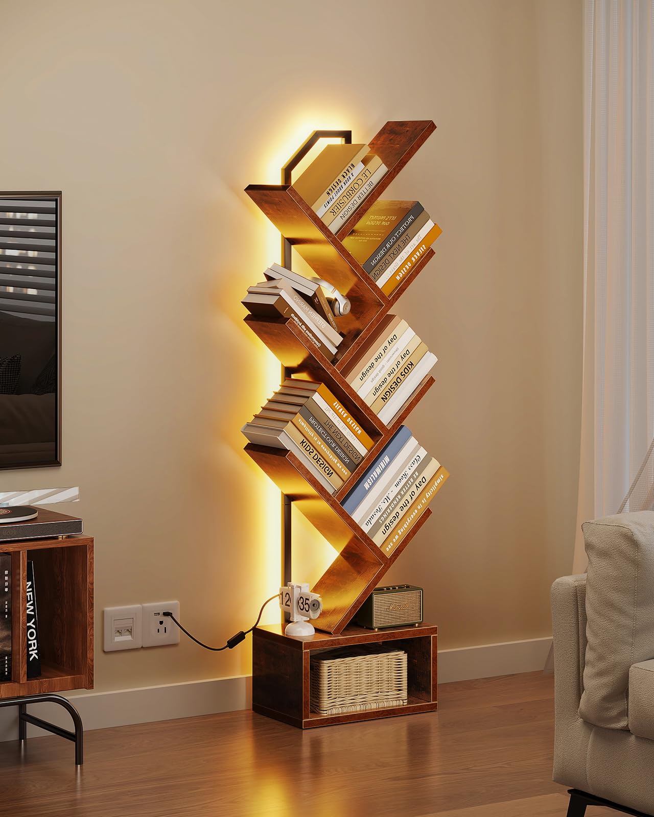Casaottima Tree Bookshelf narrow width fits tight corners with organized storage.