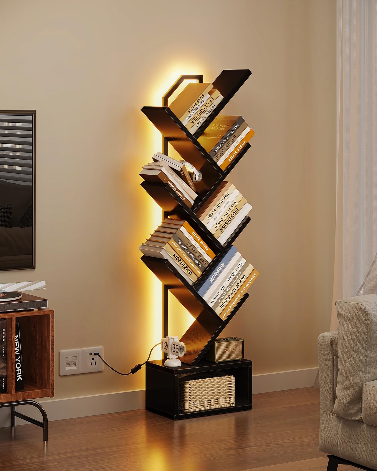 Casaottima narrow footprint tree bookshelf fits tight spaces.