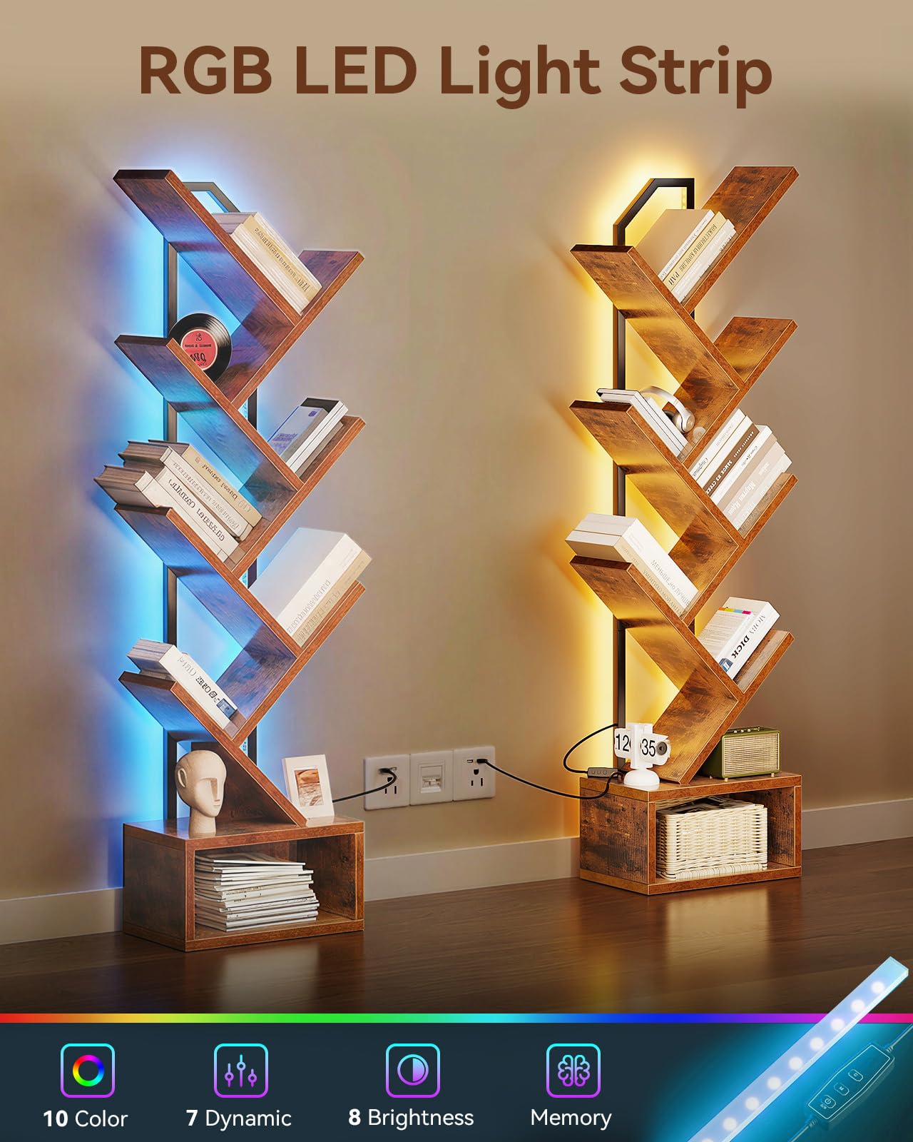 Casaottima Tree Bookshelf bottom open area fits small storage bins.