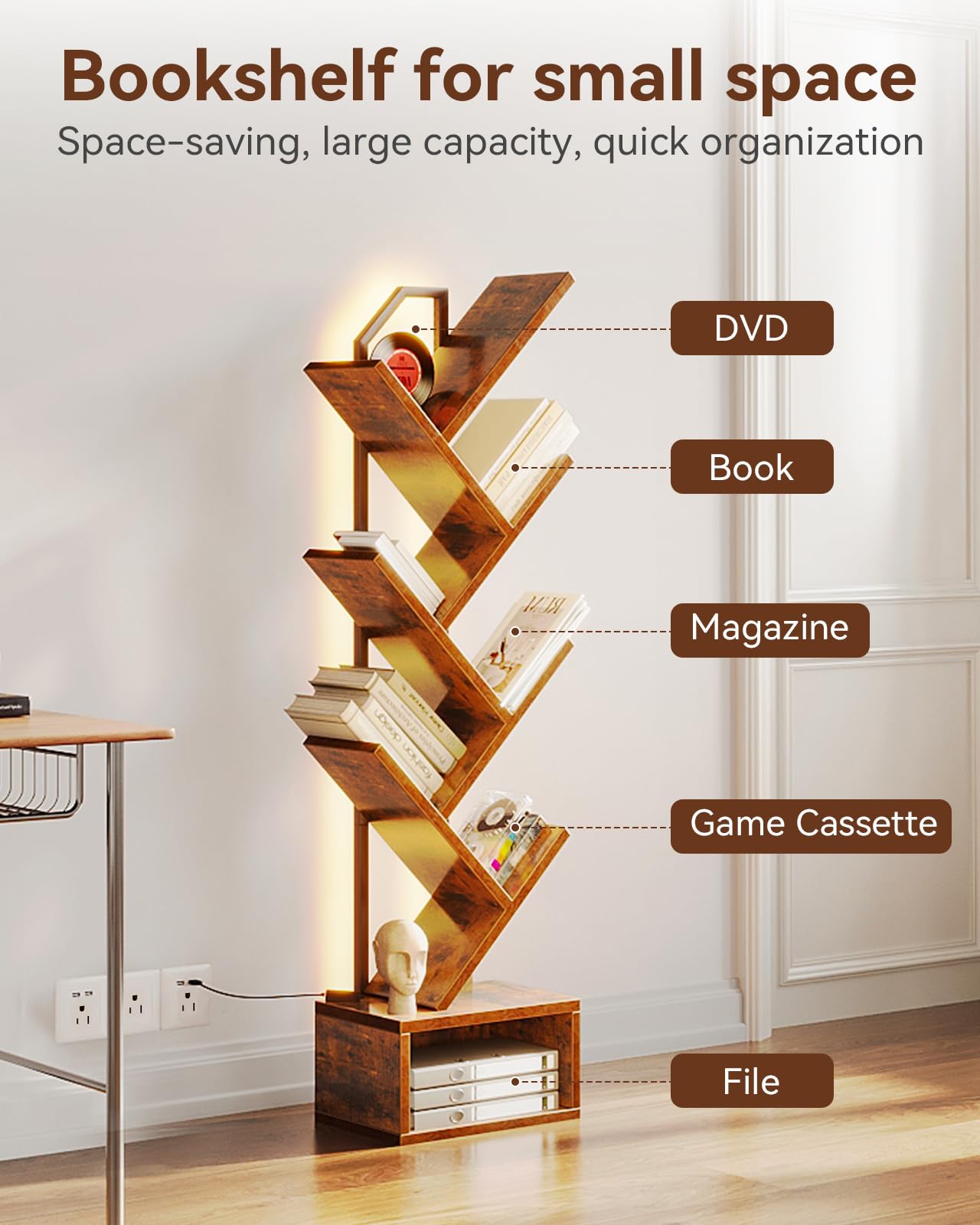 Casaottima Tree Bookshelf wood MDF finish adds warm vintage charm.