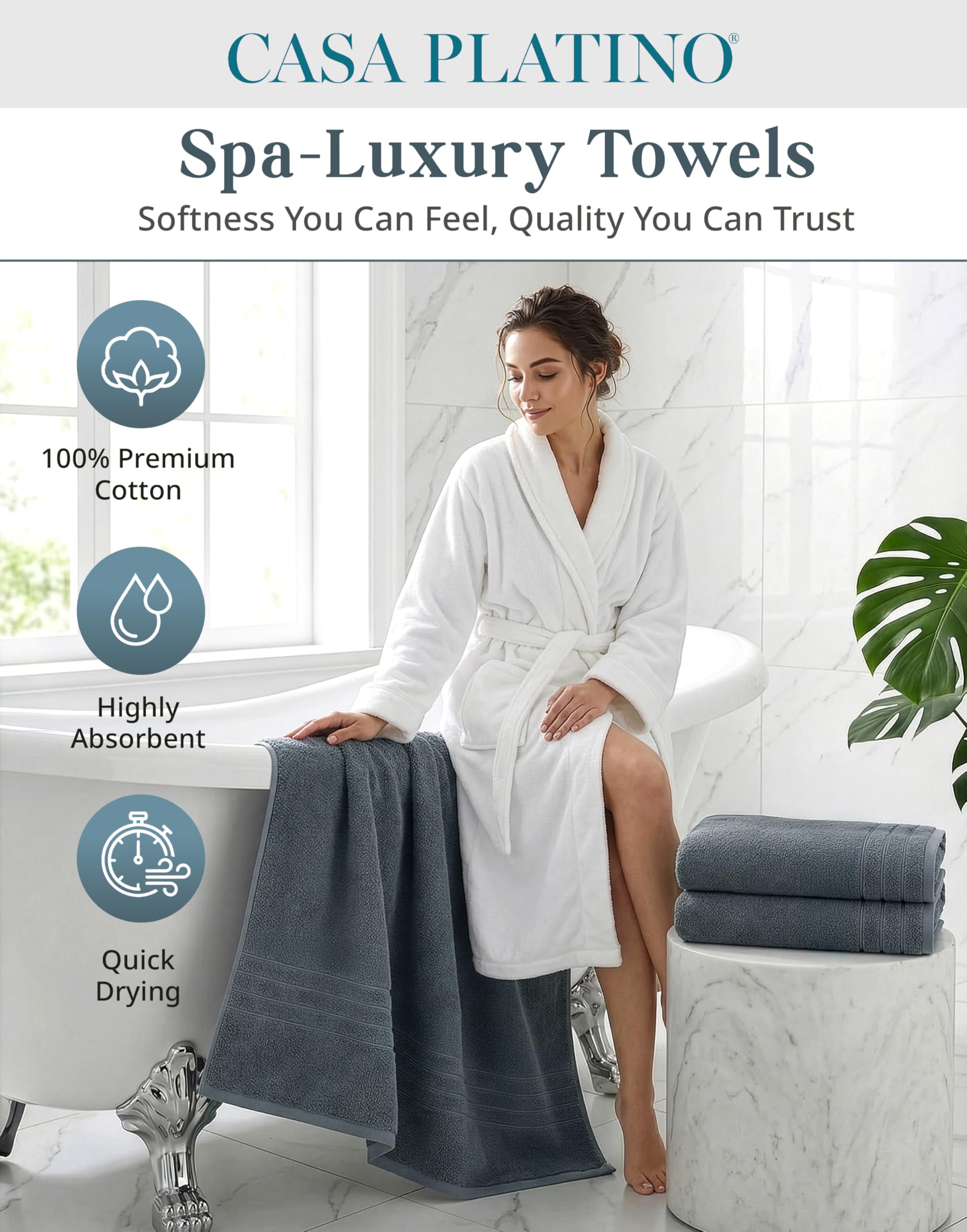 Casa Platino ring-spun cotton softness highlights soft, durable towels for daily use.