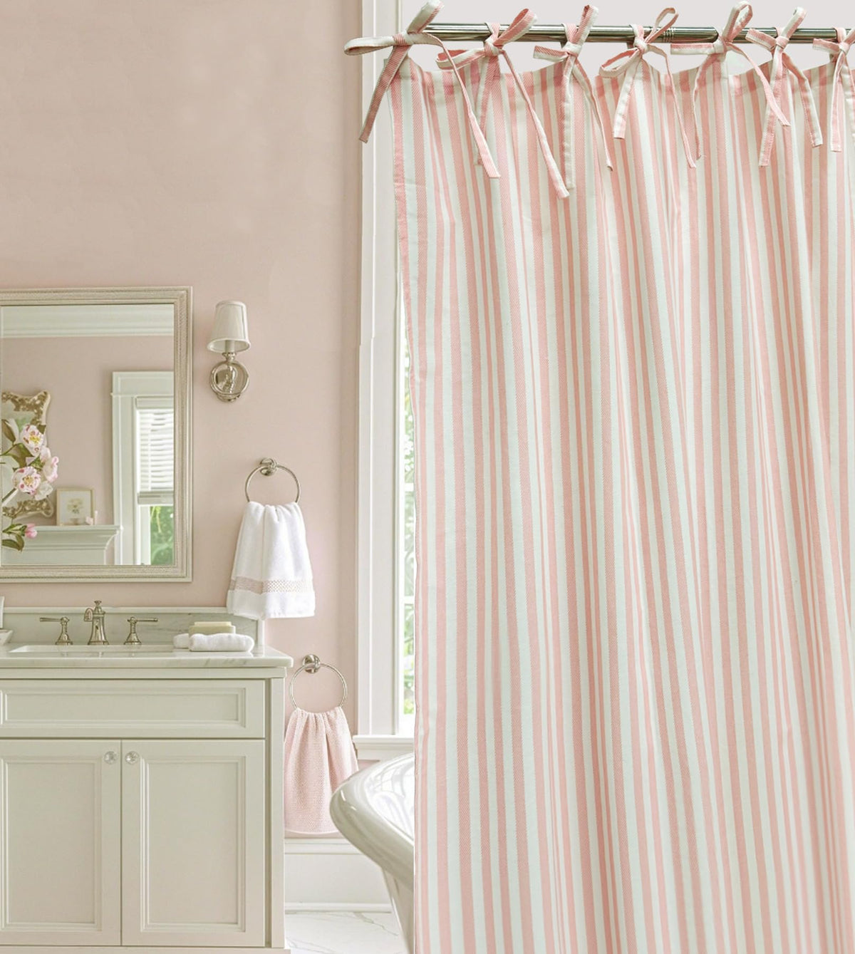 CasaTena pink striped shower curtain 72x72 inches adds soft color and easy care