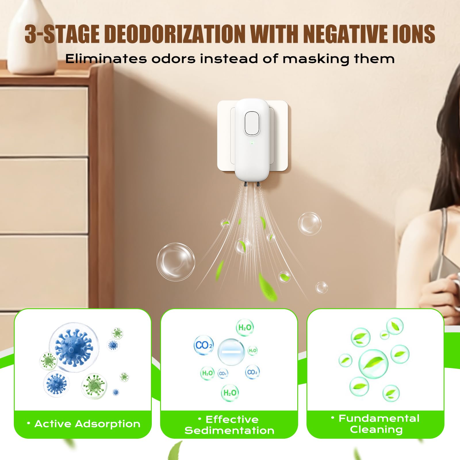 CASEQUUE negative ion air purifier in a bedroom promoting clean air.