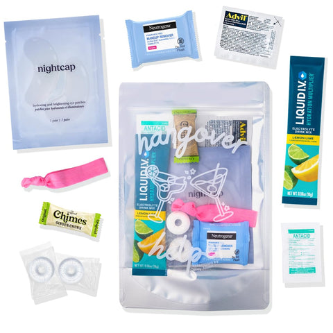 Casey Aileen Hangover Kit opened bag showing party essentials for post-night-out refreshment