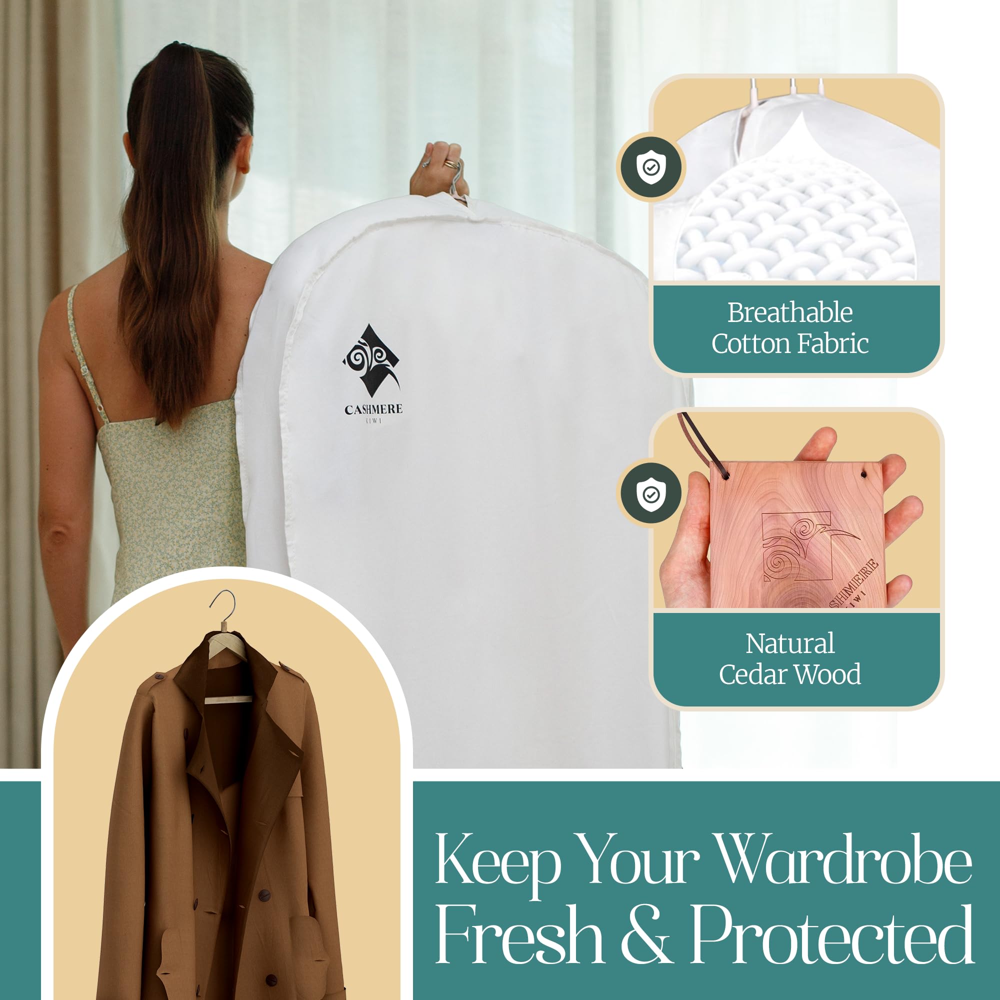 Cashmere Kiwi bag open view showing spacious interior for bulky gowns and coats