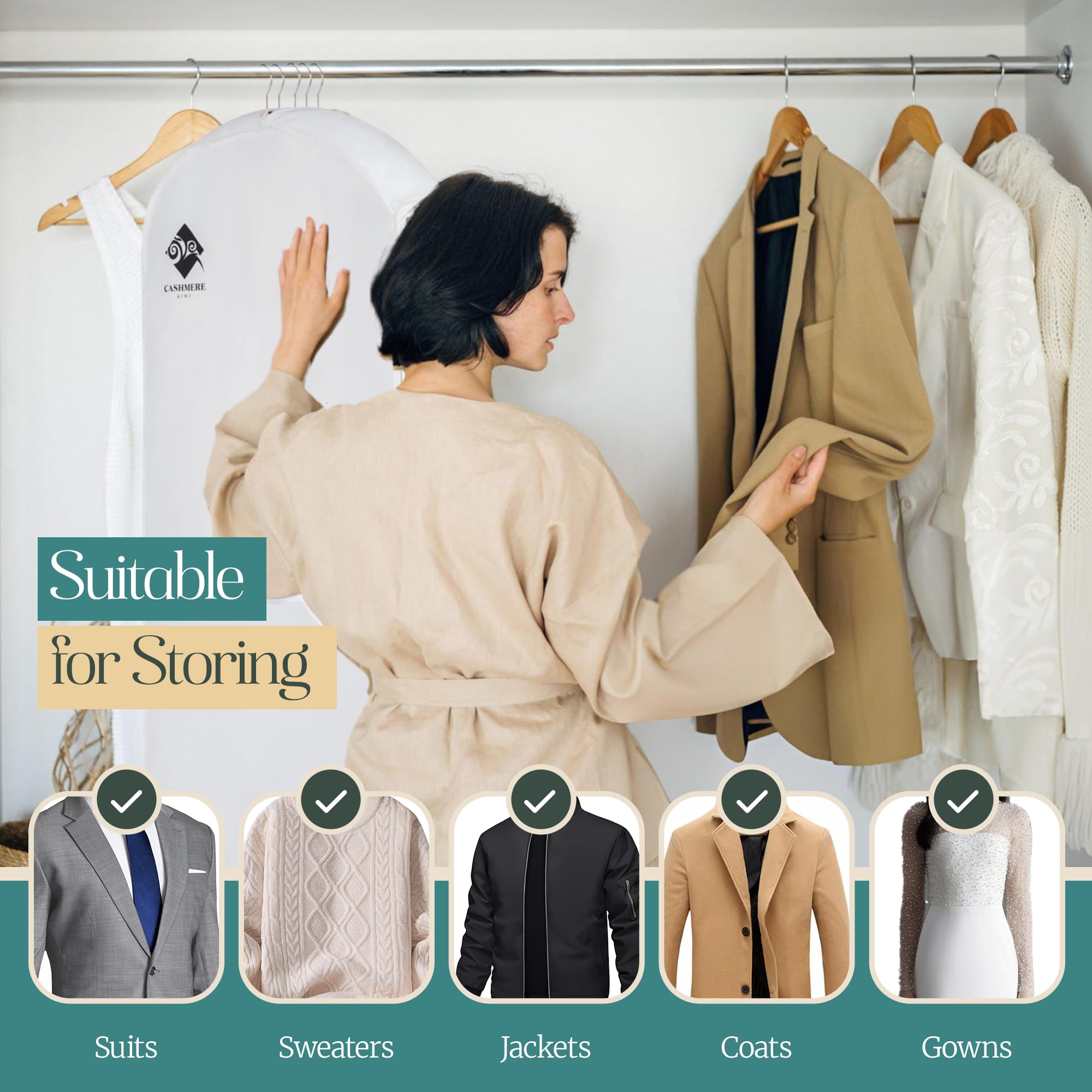 Closet organized with Cashmere Kiwi 60-inch garment bag storage solution
